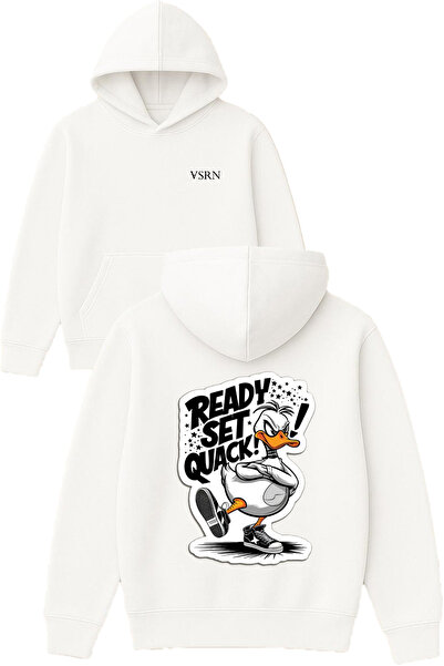 VSRN Ready set quack Hanorac alb supradimensionat cu glugă și imprimeu