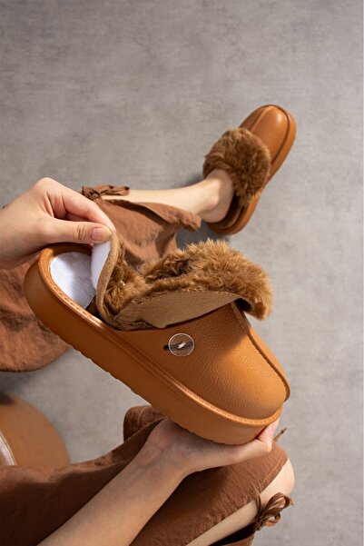 MissPapatya Дамски топли, изолирани, с дебела подметка, водоустойчиви зимни домашни пантофи Taba