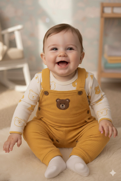 Le Touche Bear Embroidered Baby Romper 3-Piece Romper Set Sleeved Bodysuit with Pockets Romper and Socks Baby Outfit 3-6-9 Months