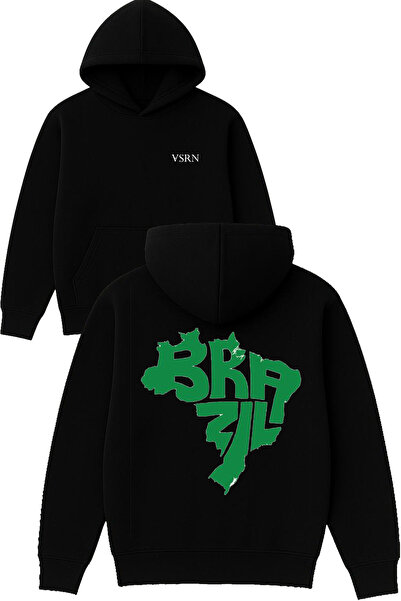 VSRN Hanorac negru supradimensionat cu glugă, imprimat cu design Brazilian