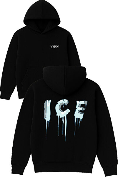 VSRN تصميم آيس مطبوع قصة فضفاضة سويت شيرت أسود بغطاء رأس