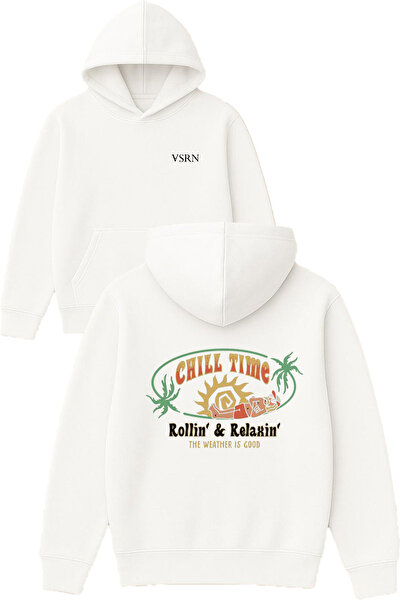 VSRN تصميم وقت الاسترخاء مطبوع قصة فضفاضة سويت شيرت أبيض بغطاء رأس