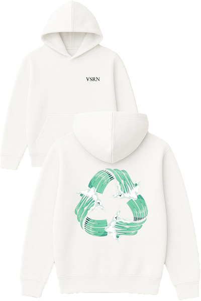 VSRN Hanorac alb supradimensionat cu glugă, imprimat cu design reciclat