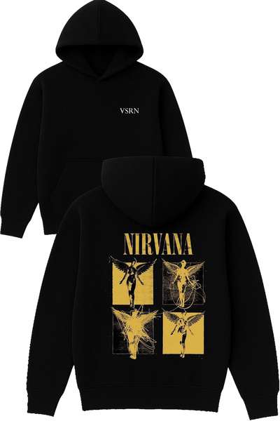 VSRN 4 نيرفانا ديزاين مطبوع قصة فضفاضة سويت شيرت أسود بغطاء رأس