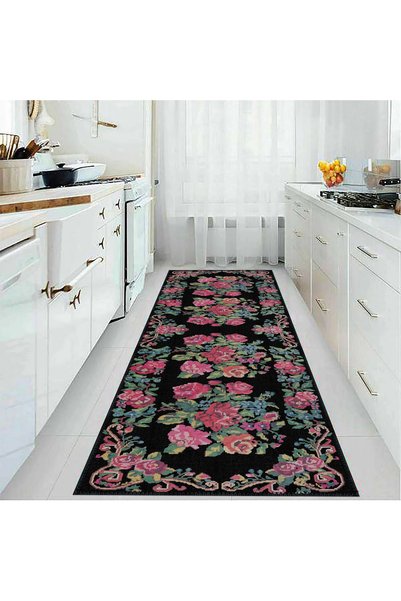 aren.HALI Chambe Çiçekli Siyah Polyester ve Pamuklu Yıkanabilir Kaydırmaz Taban Dijital Baskı Halı
