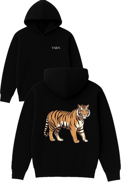 VSRN Hanorac negru supradimensionat cu glugă, cu imprimeu Young Tiger Design