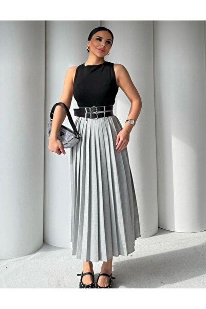 ALVOR Double Belted Pleated Slit Skirt