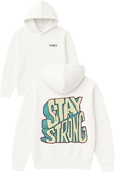 VSRN ستاي سترونج ديزاين مطبوع قصة فضفاضة سويت شيرت أبيض بغطاء رأس