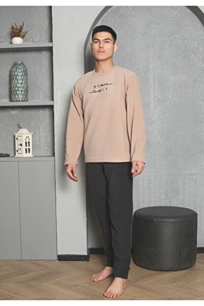 Sude Men's cold season pajamas cream & dark grey "DON'T QUIT" - polar material