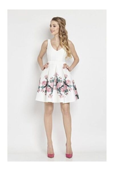 Betty M White cocktail dress with flowers short baby doll in scuba
