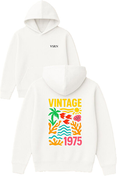 VSRN Hanorac alb supradimensionat cu glugă, imprimat cu design vintage 1975