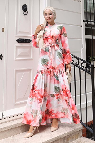 Hiccup Bdart Buttoned and Belted Detail Crew Neck Maxi Dress