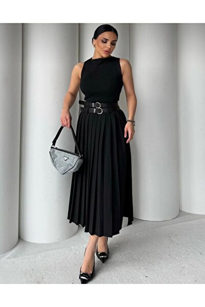 ALVOR Double Belted Pleated Slit Skirt