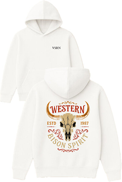 VSRN سترة ويسترن بيسون ديزاين مطبوع قصة فضفاضة بيضاء بغطاء رأس