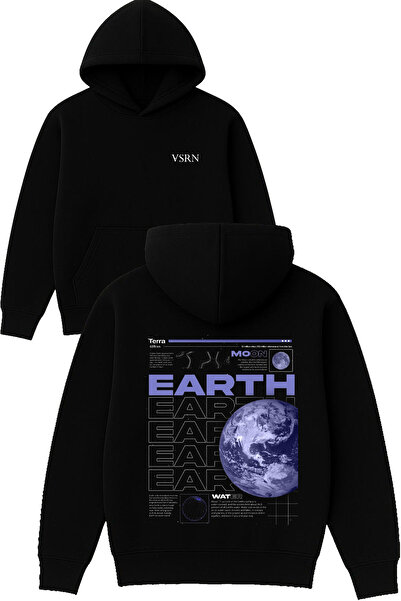 VSRN تصميم إيرث إيرث مطبوع قصة فضفاضة سويت شيرت أسود بغطاء رأس