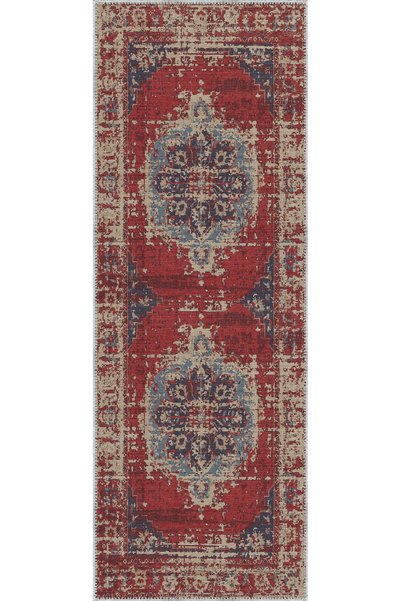 aren.HALI Vella Göbekli Kırmızı Polyester ve Pamuklu Yıkanabilir Kaydırmaz Taban Dijital Baskı Halı