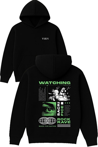 VSRN تصميم ووتشينج مطبوع قصة فضفاضة سويت شيرت أسود بغطاء رأس