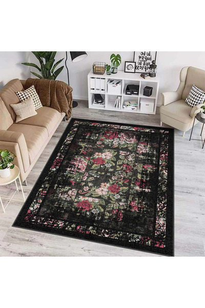 aren.HALI Born Desenli Siyah Polyester ve Pamuklu Yıkanabilir Kaydırmaz Taban Dijital Baskı Halısı