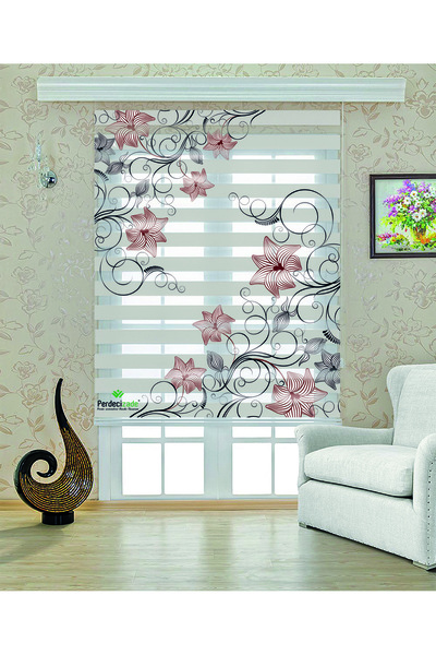 Yznhome Gül Desenli Gri Dalgalarla Bezenmiş Zebra Perde – YZN-511