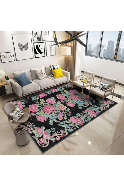 aren.HALI Chambe Çiçekli Siyah Polyester ve Pamuklu Yıkanabilir Kaydırmaz Taban Dijital Baskı Halı