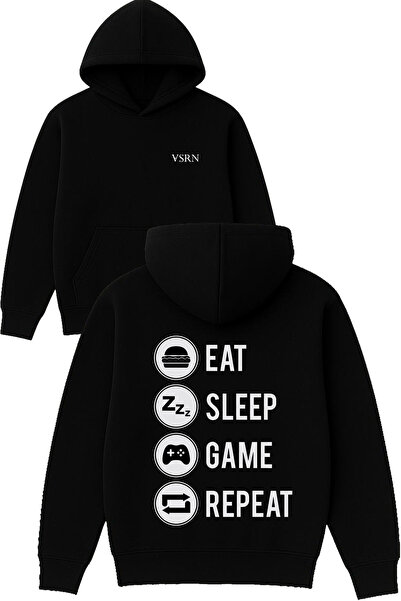 VSRN Hanorac negru supradimensionat cu glugă, imprimat cu designul „Game Eat ...
