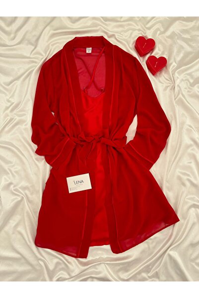 Lena Homewears Red Basic 2-Piece Chiffon Dressing Gown & Satin Nightgown Premium Bridal Set (Boxed)
