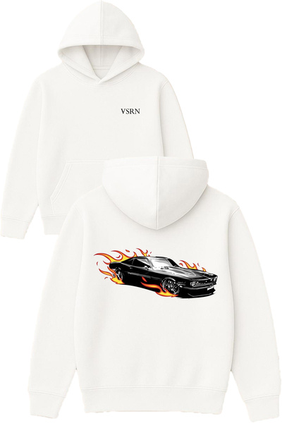 VSRN Hanorac alb supradimensionat cu glugă, imprimat cu design Flaming Car