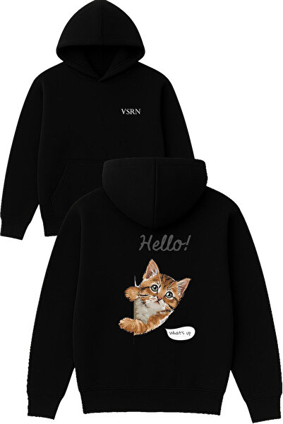 VSRN تصميم هيلو كات مطبوع قصة فضفاضة سويت شيرت أسود بغطاء رأس