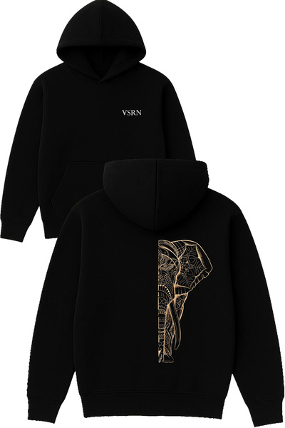 VSRN تصميم الفيل مطبوع قصة فضفاضة سويت شيرت أسود بغطاء رأس
