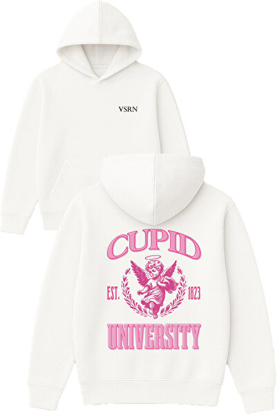 VSRN تصميم كيوبيد الجامعي مطبوع قصة فضفاضة سويت شيرت أبيض بغطاء رأس