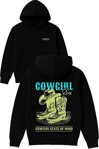 VSRN سترة كاوجيرل ستات أوف ديزاين مطبوع قصة فضفاضة سوداء بغطاء رأس