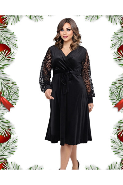 rotop Elegant Melisa velvet dress with lace sleeves and a wrap neckline