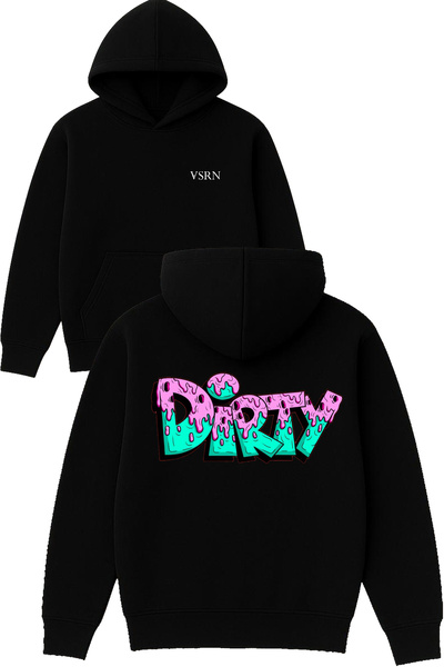 VSRN Hanorac negru supradimensionat cu glugă și imprimeu Dirty Design