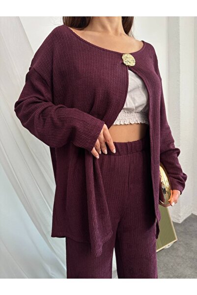 manana fashion Special Design Wrinkled Fabric Buckle Cardigan Pants Set