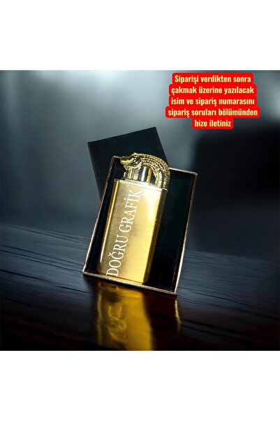 DOĞRU GRAFİK Kişiye Özel İsimli Çift Ateşli Timsah Figürlü Gold Çakmak