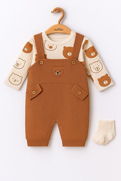 Le Touche طقم رومبير للأطفال مطرز بتصميم الدب مكون من 3 قطع مع أكمام وجيب وجو...