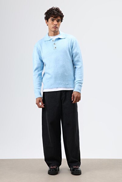 VAMOSCLO Πλεκτό πουλόβερ με μαλακή υφή με λαιμόκοψη πόλο Baby Blue