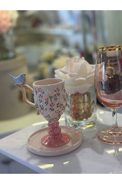 Marka Seramik El Yapımı Bahar Modeli Kuşlu Fincan