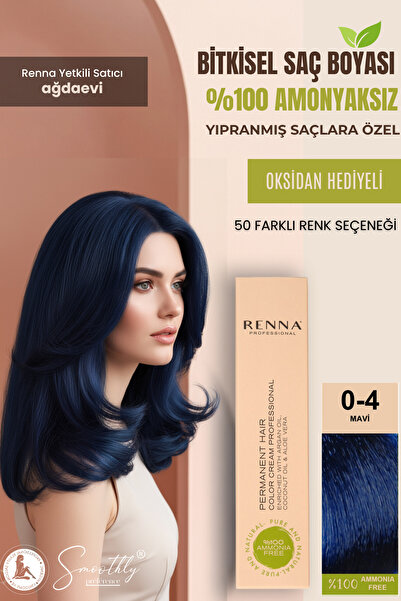 Renna AMONYAKSIZ Bitkisel Yıpranmış Saçlar İçin Saç Boyası 0-4 Mavi 60ml