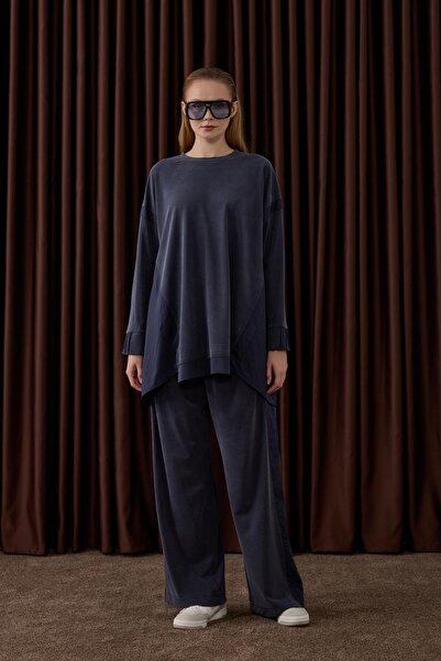 Hilay Icon Nervürlü Garni Kumaşlı Pantolonlu Takım LACİVERT