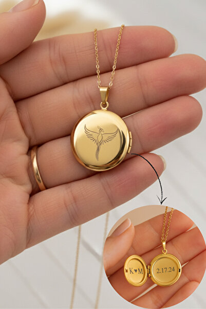 Narflake Anka Kuşu İşlemeli Açılabilir Kişiye Özel Tasarlanabilir Özel Çelik Kadın Kolye