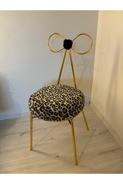 trendloom Fiyonk Makyaj Sandalyesi Leopar Peluş Kumaş Gold Kaplama