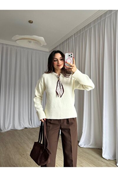 HARMONY GLOBAL Pulover din tricot cu textura moale, cu guler ecru, cu eșarfă – Pulover elegant pentru femei cu mâneci lungi 2535