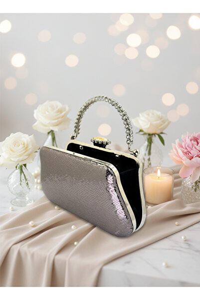 Biçanta Platinum Crystal Pattern Pearl Detailed Stone Handle Evening Bag Night Wedding Engagement Graduation Portfolio