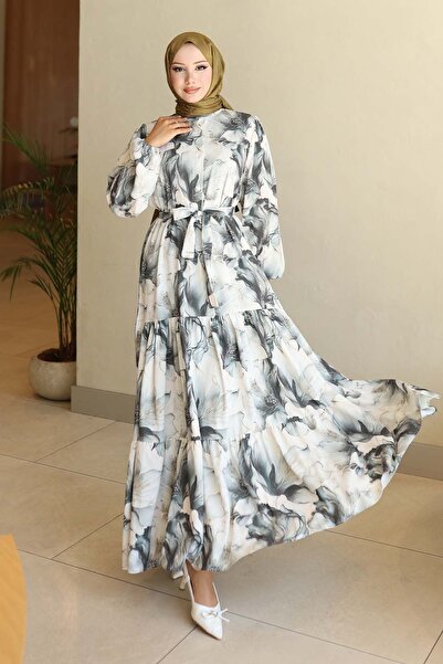 Hiccup Bdart Buttoned and Belted Detail Crew Neck Maxi Dress