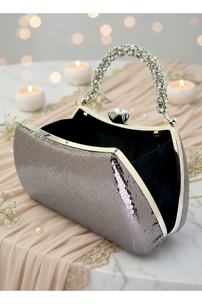 Biçanta Platinum Color Special Design Color Crystal Pattern Stone Handle Women's Evening Dress Bag