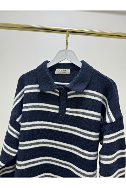 dilber fashion Striped Buttoned Cotton Soft Textured Knitwear Sweater