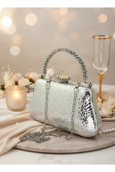 Biçanta Silver Crystal Pattern Pearl Detailed Stone Handle Evening Bag Night Wedding Engagement Graduation Portfolio