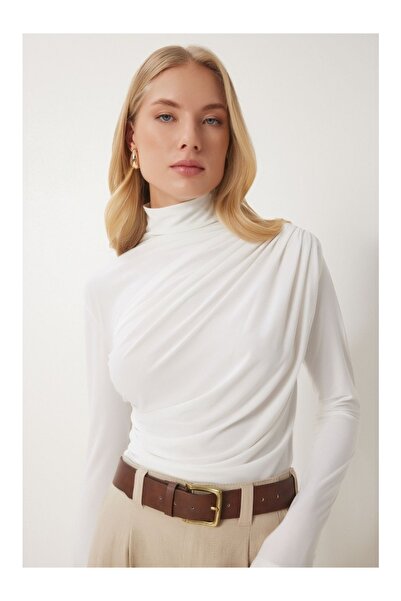 NorthAK Women's White Ruched Detail Mock Neck Sandy Blouse Standard