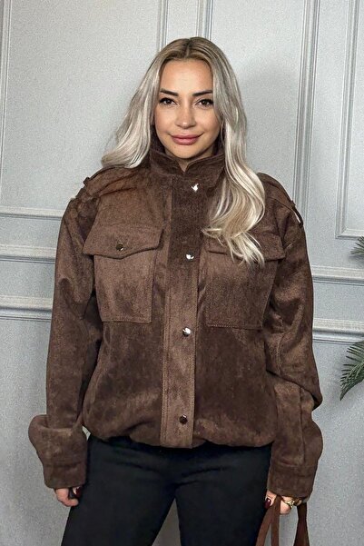 Muna Boutique سترة نسائية بنية اللون ذات ملمس ناعم مع سحاب